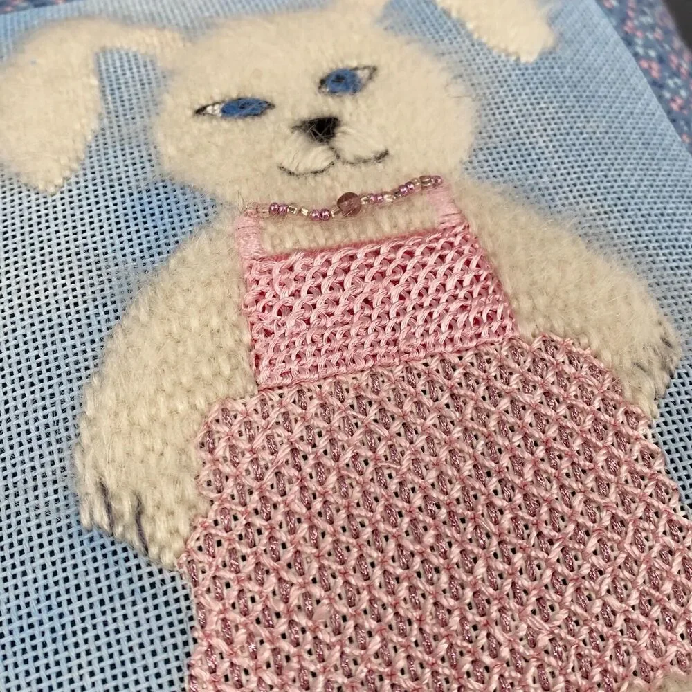 VTG Tooth Fairy Pillow Handmade Bunny Rabbit Needlepoint w Pattern Magazine OOAK